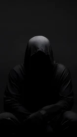 Hooded figure emerges from darkness in stark minimal light.