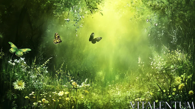 Sunlit Enchanted Forest with Butterflies in Dreamlike Style.