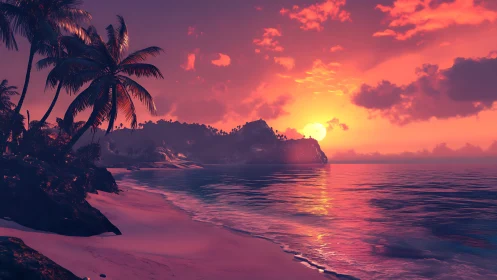 Vibrant tropical coastline renders hyperreal sunset light gradients