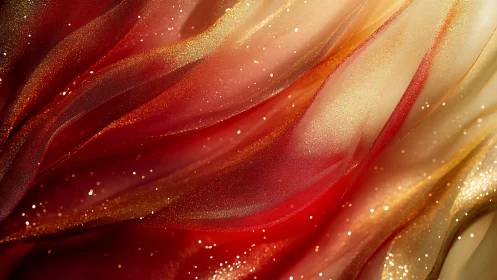 Red and gold flowing fabric with fine shimmering particles.