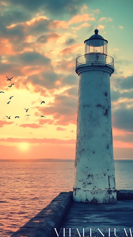 Weathered lighthouse glows quietly against a pastel ocean sunset