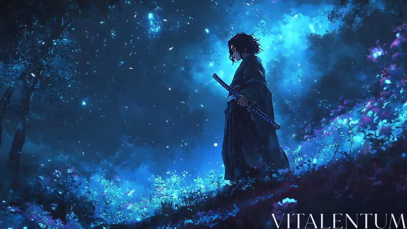 Moonlit wanderer with a quiet sword in a glowing forest.