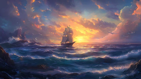 Sailing vessel crosses turbulent ocean under low sunset sky