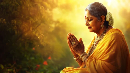 Elderly Indian woman prays in warm golden morning light.