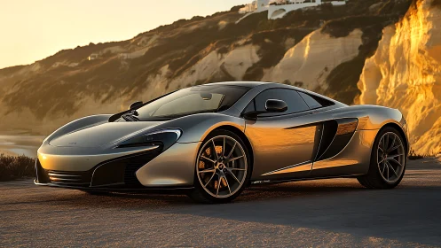 Aerodynamic silver supercar under coastal golden hour light.