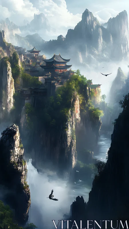 Mountain temple city rises above misty canyon waterfalls