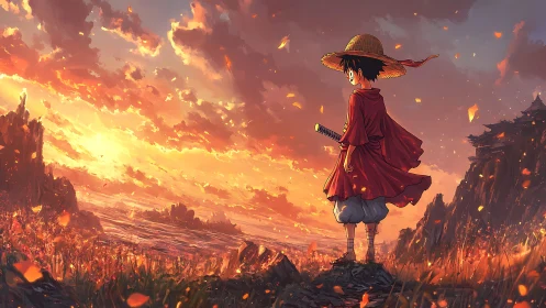 Straw-hatted figure on coastal cliff at vivid sunset sky.