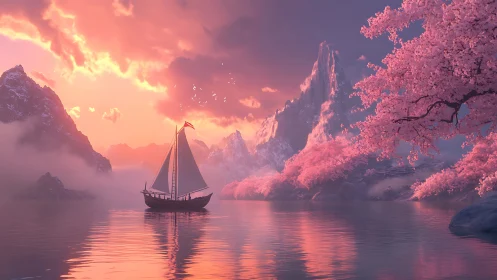 Sailboat on calm lake under vivid pink sunset sky.