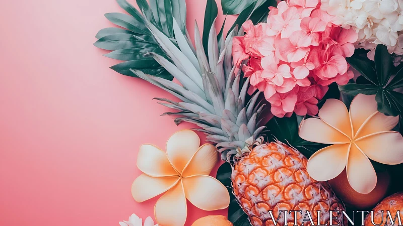 Tropical pineapples and flowers share a sunny pink paradise