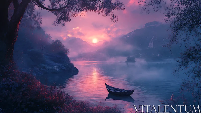Twilight lake panorama renders volumetric light over moored rowboat