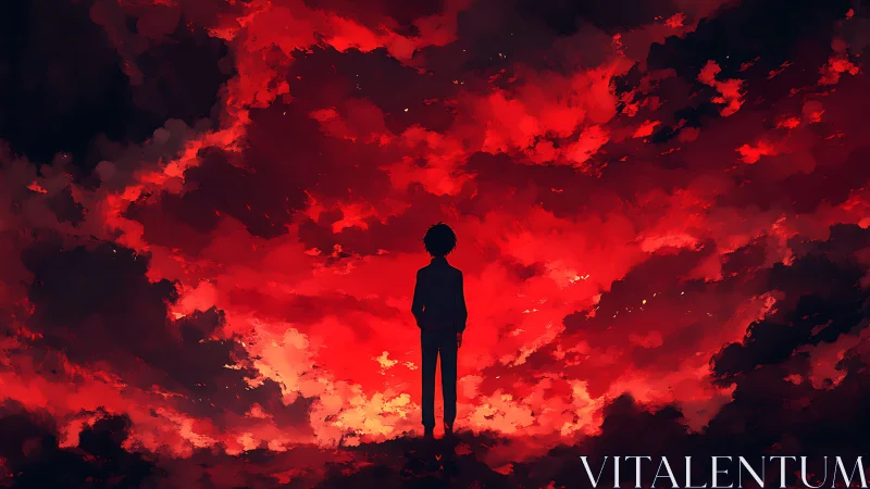 Silhouetted figure beneath crimson storm cloud vortex sky.