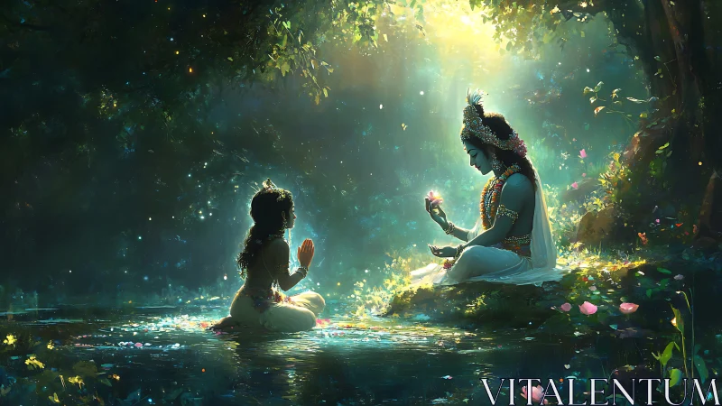 Forest river hushes as two luminous figures trade a flower