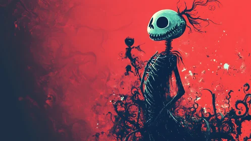 Whimsical skeleton wanderer in a swirling red dreamscape.