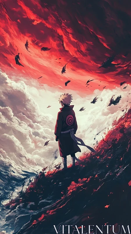 Lone wanderer beneath stormy red skies of change.