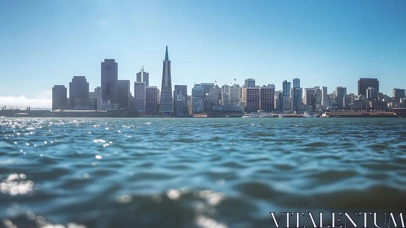 San Francisco downtown skyline viewed across bay water surface.