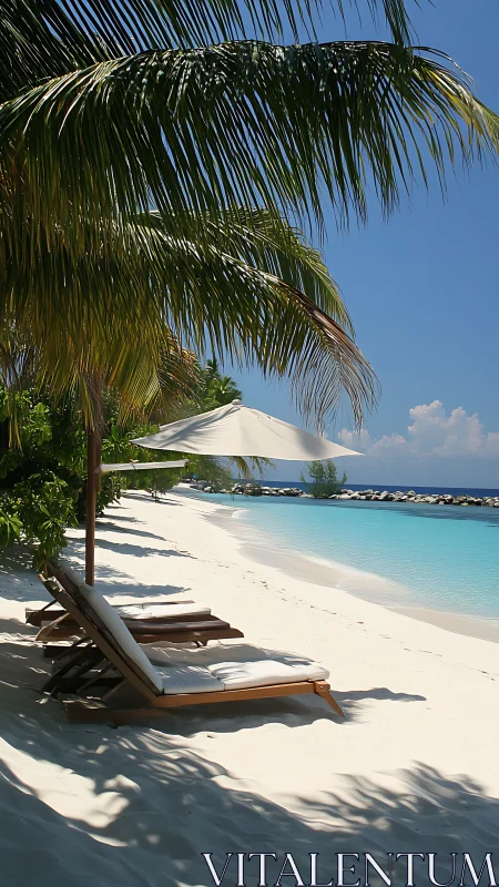 Tropical Beach Resort with White Umbrella and Loungers.