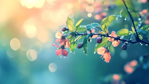 Branch with Pink Flowers and Berries Under Warm Diffused Light