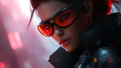 Cybernetic operative portrait with red visor reflections and hard rim lighting