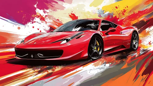 Scarlet supercar surfing a wildfire of painted motion.