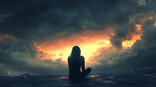 Solitary dreamer watching a storm-woven cosmic sunrise.