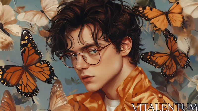 Butterfly-crowned youth in golden jacket, soft painterly glow.