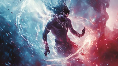 Mythic elemental deity conjuring swirling bifurcated vortex