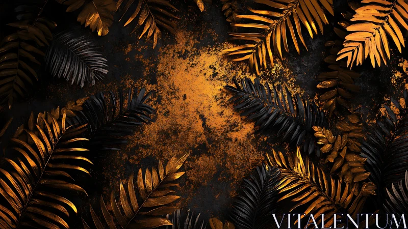 Metallic palm foliage encircling textured bronze core.