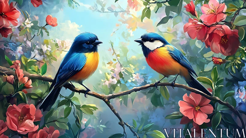 Vibrant songbirds perched among blooming pink flowers, digital art.