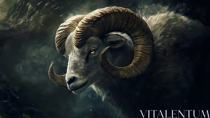 Storm-lit ram with gilded horns in a myth-charged twilight.