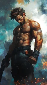 Battle-scarred gunfighter brooding in a storm of painted fire.