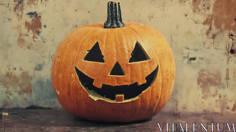 Weathered jack-o-lantern against distressed stucco backdrop.