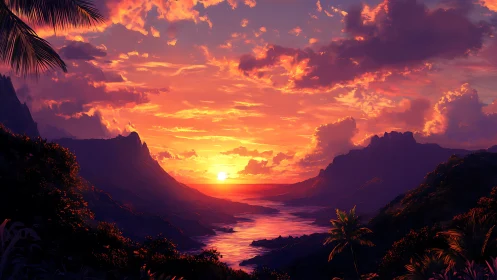 Sun sets between coastal mountains over reflective ocean