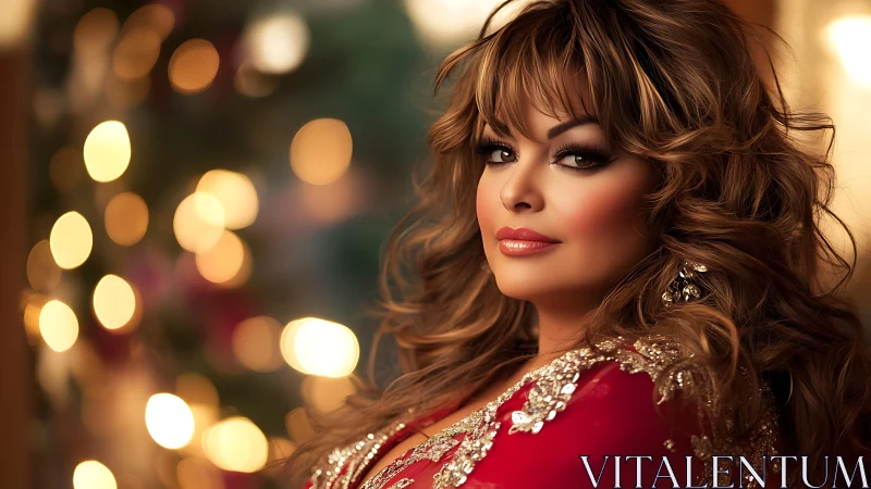 Woman in Red Dress with Warm Bokeh Lighting and Elegant Styling