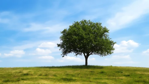 Lone tree on grassy hill under blue sky, peaceful landscape scene.