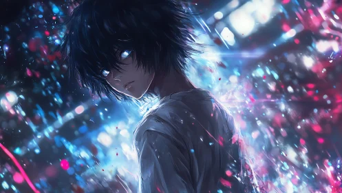 Teen with glowing eyes stands in a storm of neon light shards