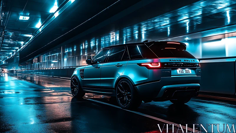 Midnight city tunnel cruise with a sleek teal SUV glow.