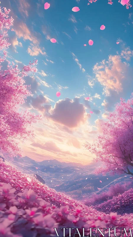 Petal storms drift above a dream-bright cherry valley