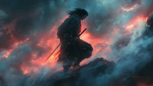 Lone samurai strides through burning storm clouds at dusk