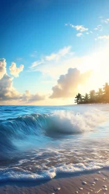 Sunlit shoreline wave curls toward a distant palm-fringed bay