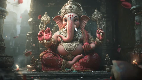 Gentle Ganesha statue bathed in soft temple light and color.