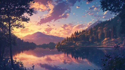 Sunset sky reflects across calm mountain lake surface