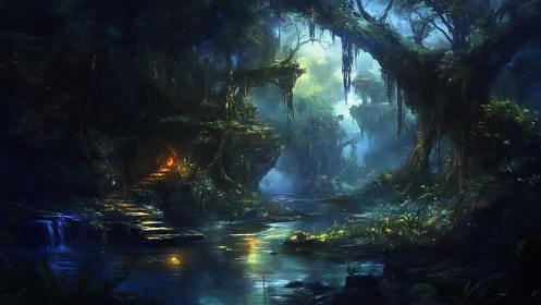 Underground cavern with bioluminescent vegetation and water