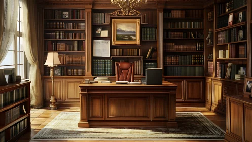 Warm classic library office interior with wooden bookshelves.