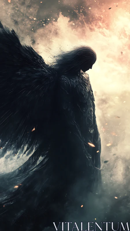 Silhouetted winged figure stands in dense backlit smoke