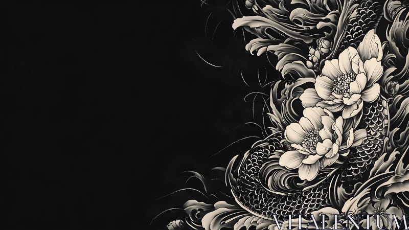 Monochrome koi and peony tattoo motif curves through darkness