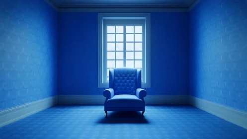 Blue armchair in empty monochrome room with window focus.