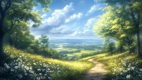 Sunlit country path gently opens onto a peaceful valley