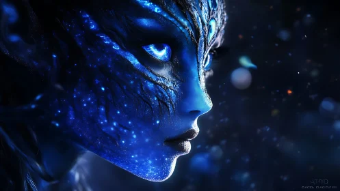 Bioluminescent alien profile glows against deep cosmic haze