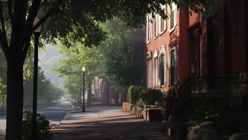 Sunlit brick rowhouses along a hush-soaked tree tunnel street.