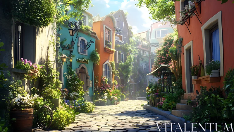 Sunlit cobblestone alley with colorful, plant-filled houses